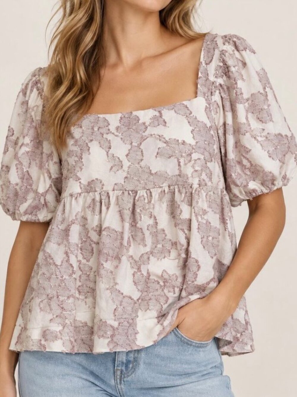 Maeve by Anthropologie Women's Textured Floral Puff Sleeve Peplum Top, Beige, M